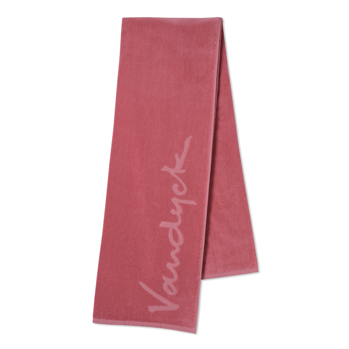 Ash rose strandhanddoek is effen roze met aan de zijkant het logo van Vandyck in een lichtere tint