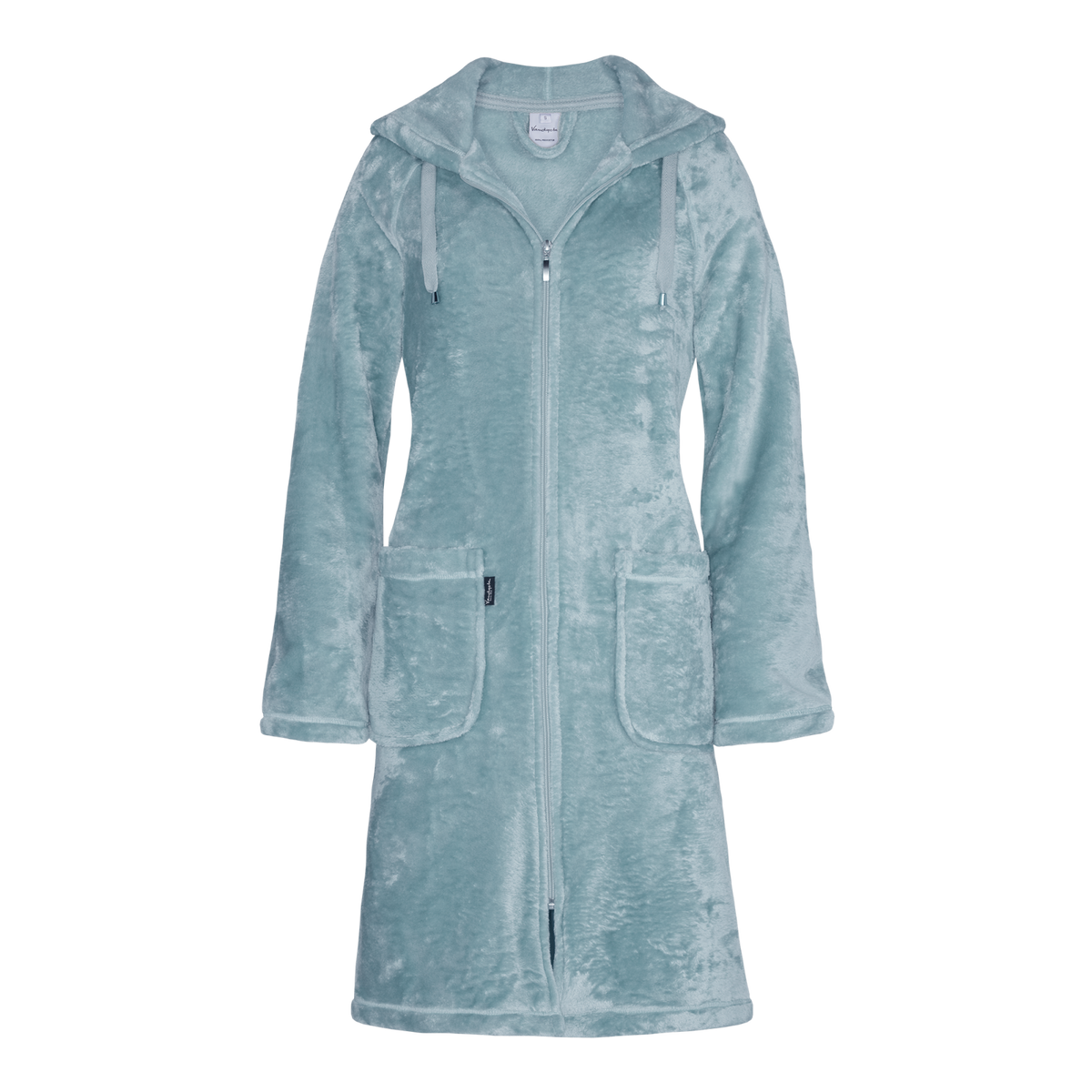Super zachte badjas in de kleur pearl blue gemaakt van 100% gerecycled polyester. De badjas heeft een capuchon, opsteekzakken en een ritssluiting.