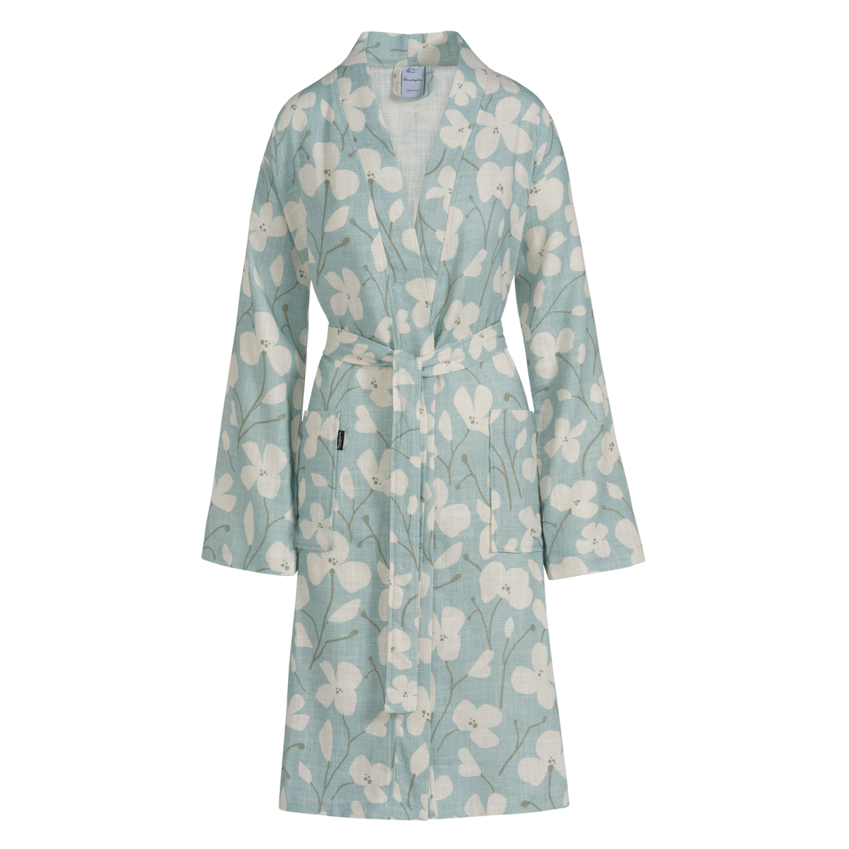 De mooie Noa pearl blue badjas heeft gigantische bloemen en bladeren in sepia blauw en beige/grijs