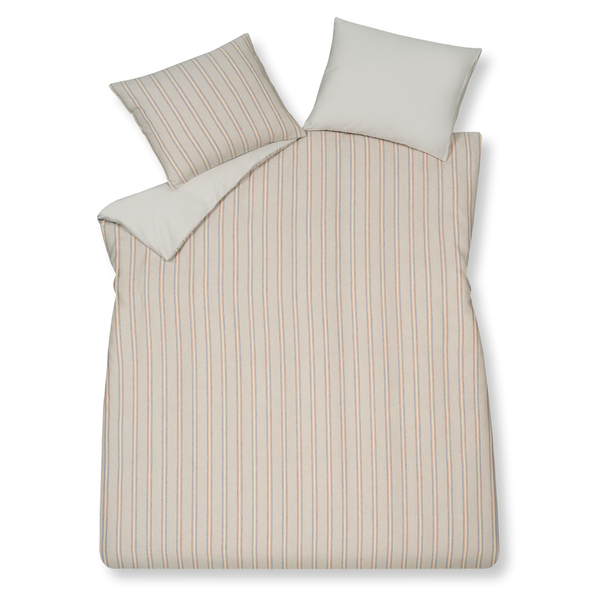 Pure75 multi dekbedovertrek heeft heeft verticale strepen in afwisselend beige, blauw, roze, geel. De achterkant van het dekbedovertrek is effen wit
