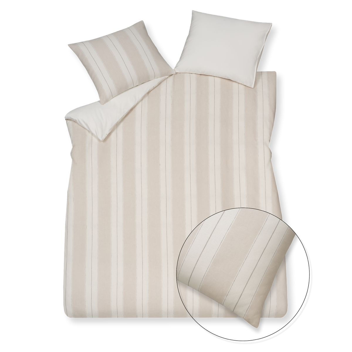 Pure 78 linen dekbedovertrek heeft verticale brede beige strepen afgewisseld met opengewerkte zwarte lijnen, gebroken witte strepen en een zwarte lijn