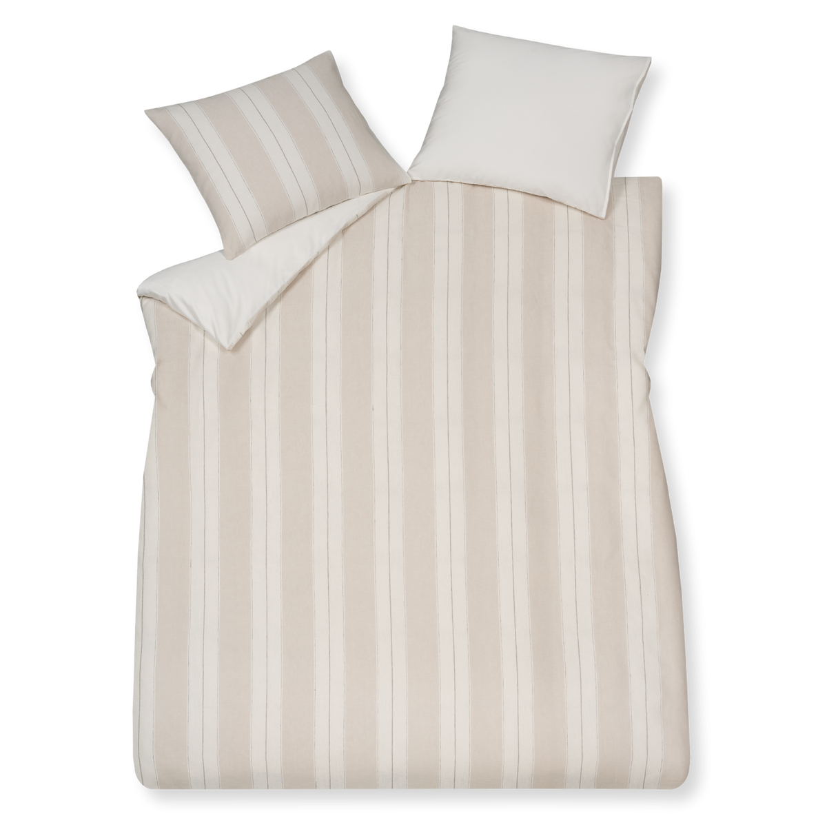 Pure 78 linen dekbedovertrek heeft verticale brede beige strepen afgewisseld met opengewerkte zwarte lijnen, gebroken witte strepen en een zwarte lijn