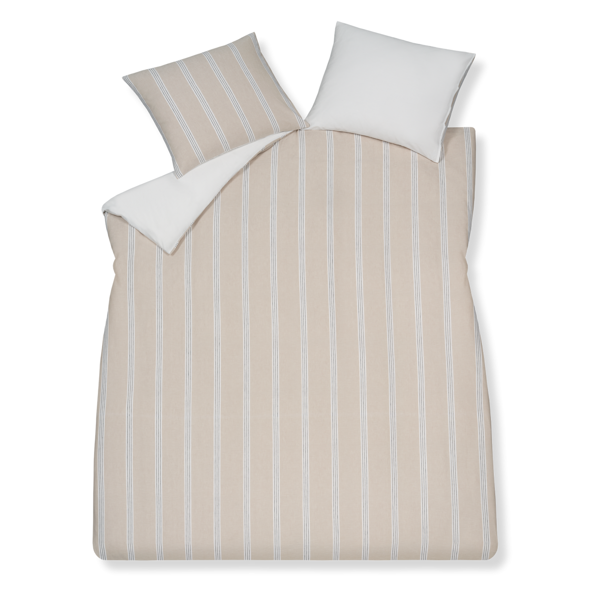 Pure 91 stone dekbedovertrek heeft beige strepen afgewisseld met fijne grijze lijnen op een witte achtergrond, gemaakt van een combinatie van katoen en linnen. De achterkant van het dekbedovertrek is effen off white,&nbsp; gemaakt van katoensatijn. De kussens hebben aan de voorkant kant de strepen en aan de andere kant is het effen wit. 