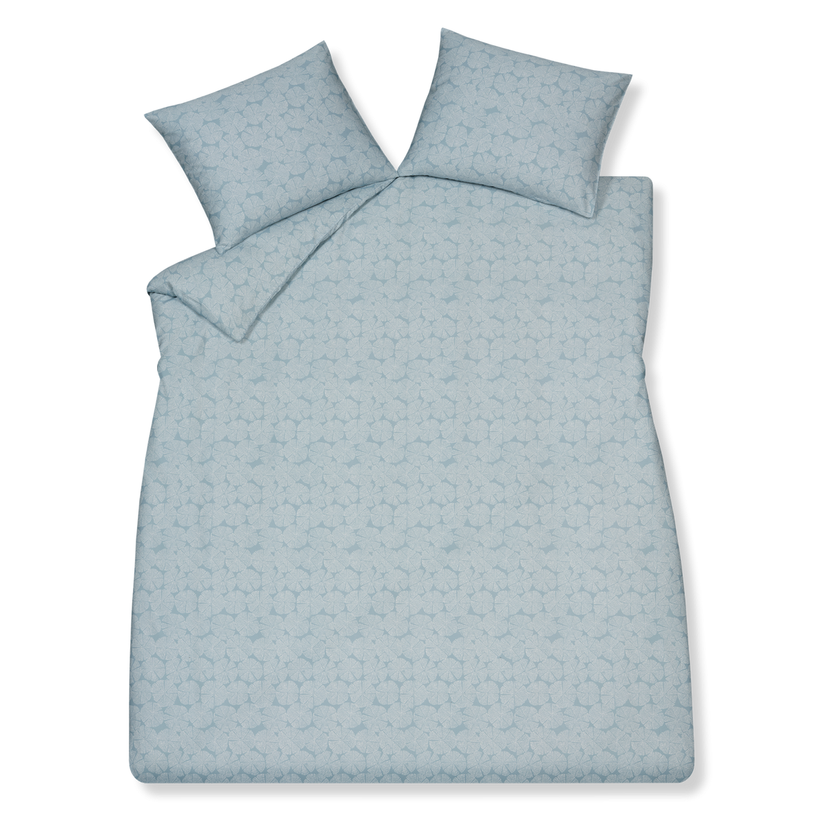 Pure 93 powder blue dekbedovertrek heeft een patroon met cirkels die uit partjes bestaan en gevormd worden door kleine witte stipjes op een lichtblauwe achtergrond. De achterkant van het dekbedovertrek heeft hetzelfde patroon. De kussens hebben ook aan allebei de kanten hetzelfde patroon.