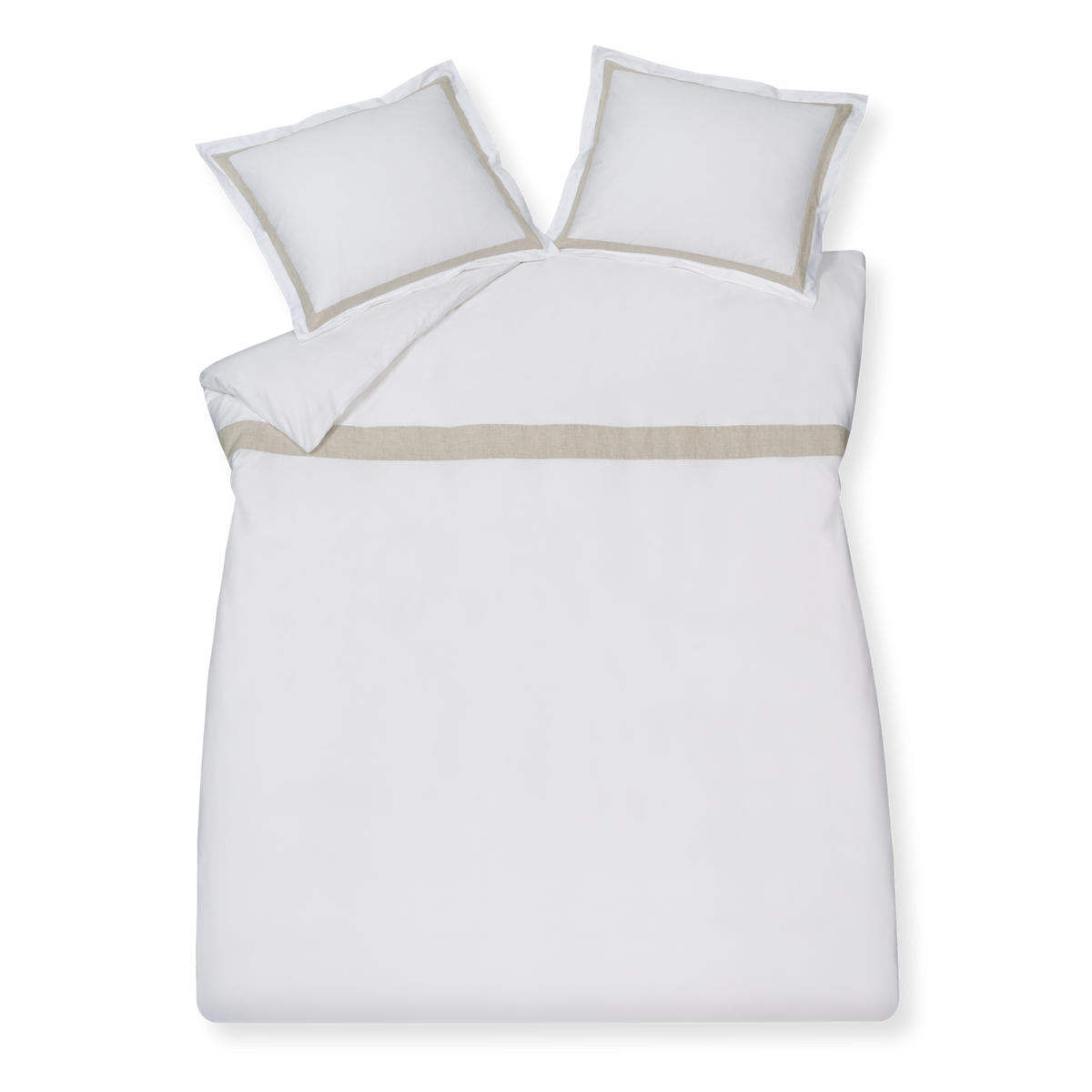 Purity Capri white dekbedovertrek heeft heeft aan de bovenkant een beige streep op een witte achtergrond