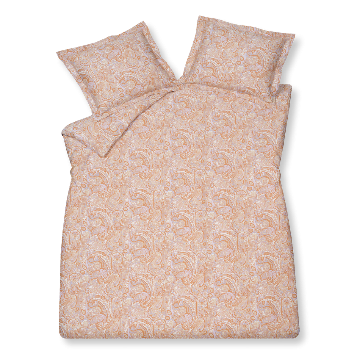 Happy fever apricot blush dekbedovertrek heeft een mooi gedetailleerd paisley patroon in paars en oranje tinten