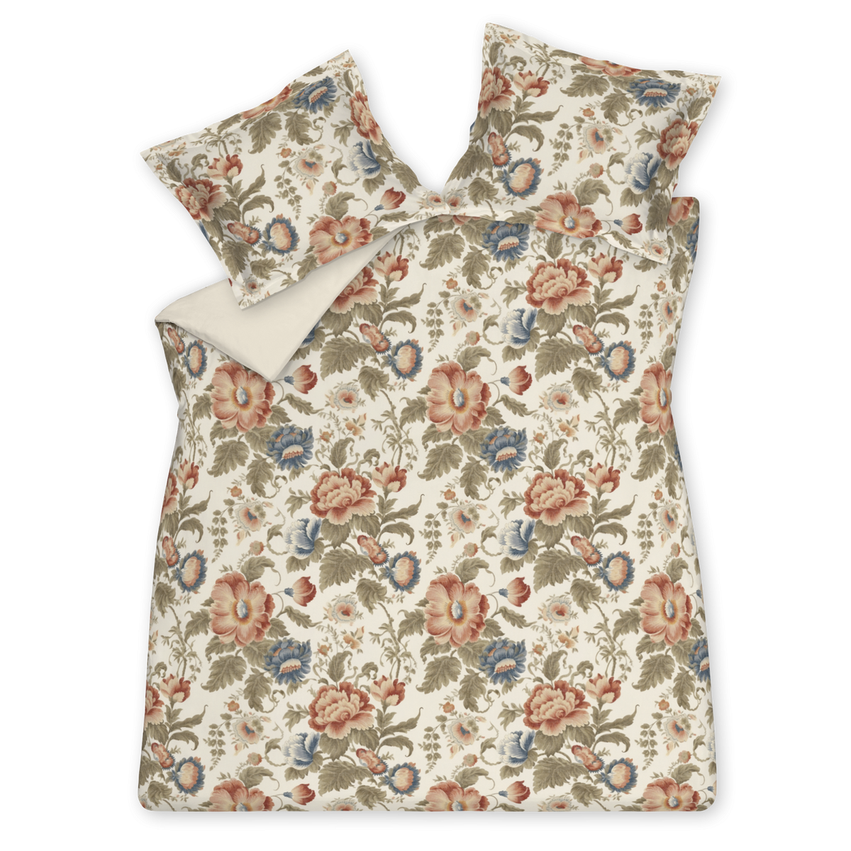 Romance cream tan dekbedovertrek heeft blauwe en rood/bruine bloemen met groenige bladeren op een gebroken witte achtergrond
