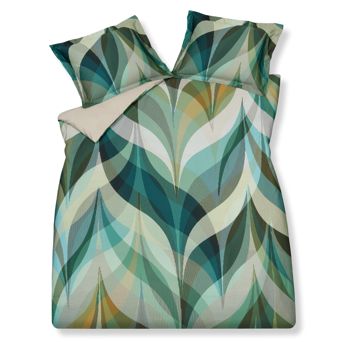 Urban multi dekbedovertrek heeft golvende vormen in verschillende kleuren blauw, groen, bruin en oranje met rechte lijnen erdoorheen.&nbsp;&nbsp;De achterkant van het dekbedovertrek heeft een effen stone kleur. De kussens hebben aan beide zijden hetzelfde patroon. 