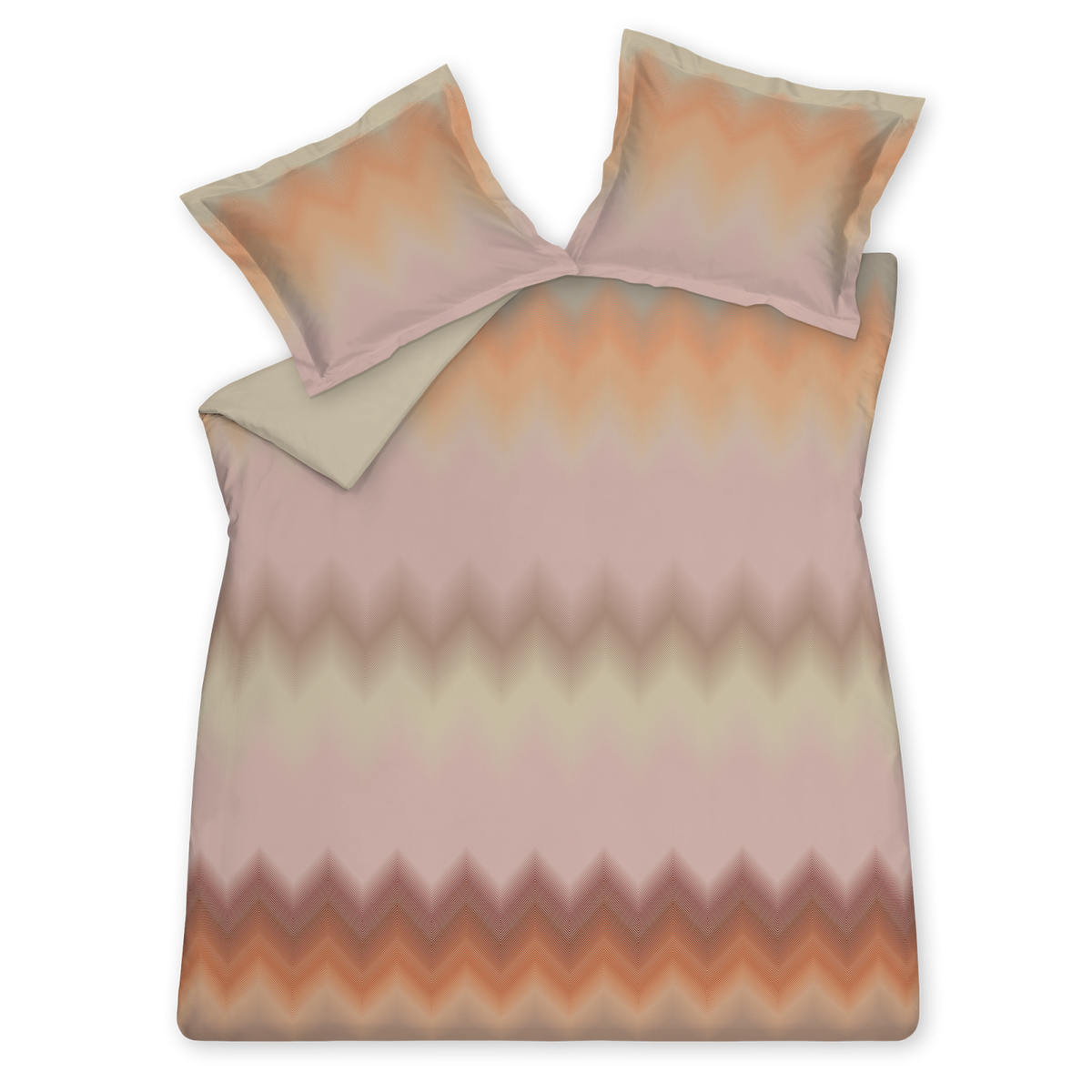 Dynamic multi dekbedovertrek heeft zigzaglijnen in verschillende tinten oranje, rood, roze en beige. De lijnen zijn onderin scherp en worden steeds waziger, waardoor de kleuren ook in elkaar over lijken te lopen. De achterkant van het dekbedovertrek is effen beige.