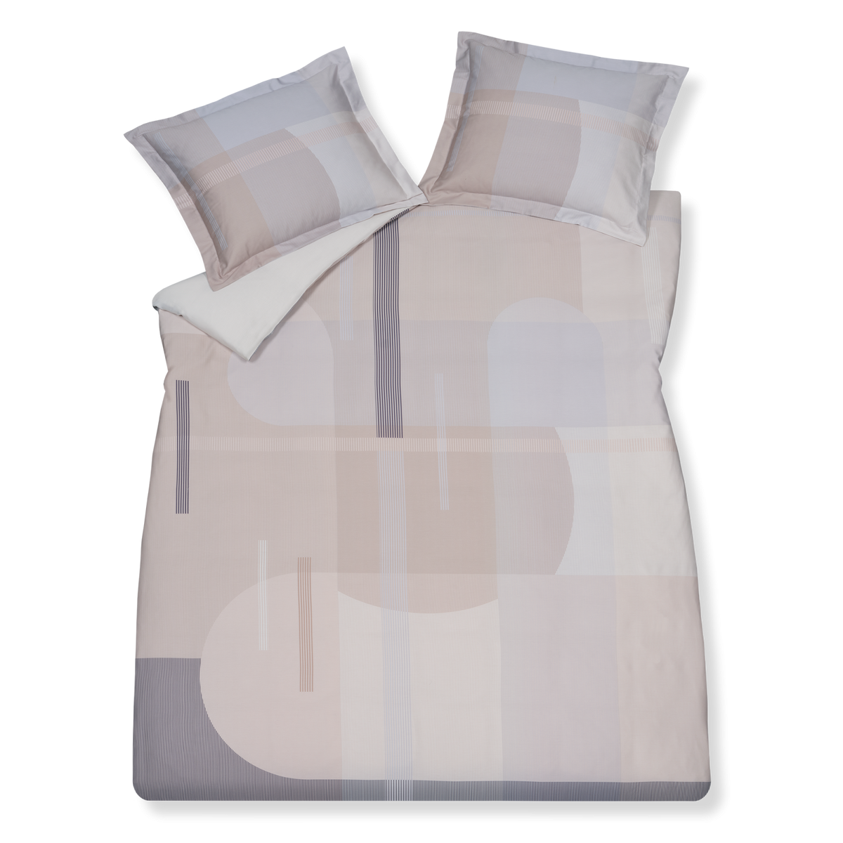 Lush Lagoon linen dekbedovertrek heeft geometrische vormen, waarbij strepen, rechthoeken en bogen in verschillende tinten paars, roze, oranje/beige door elkaar heen lopen. De achterkant van het dekbedovertrek is effen beige. De kussens hebben aan beide zijden een paar kleurvlakken.