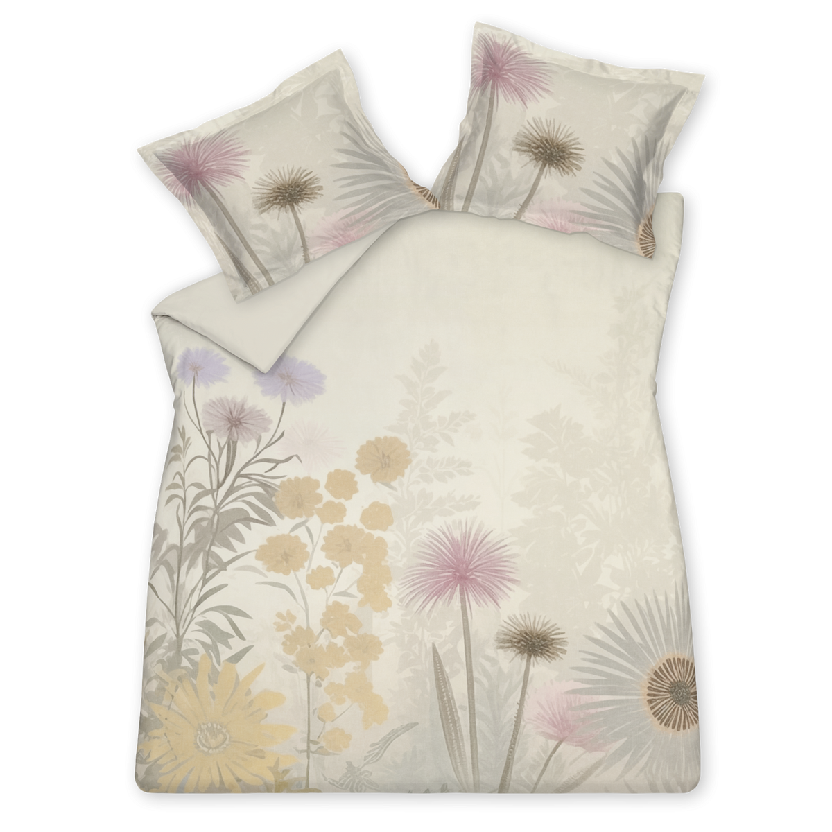 Midsummer Night multi dekbedovertrek heeft getekende bloemen en takken in pasteltinten geel, roze, paars en groen op een taupe achtergrond. De achterkant van het dekbedovertrek is effen taupe. De kussens hebben aan beide kanten twee bloemen aan de linkerkant met schaduwen van bladeren op de achergrond.