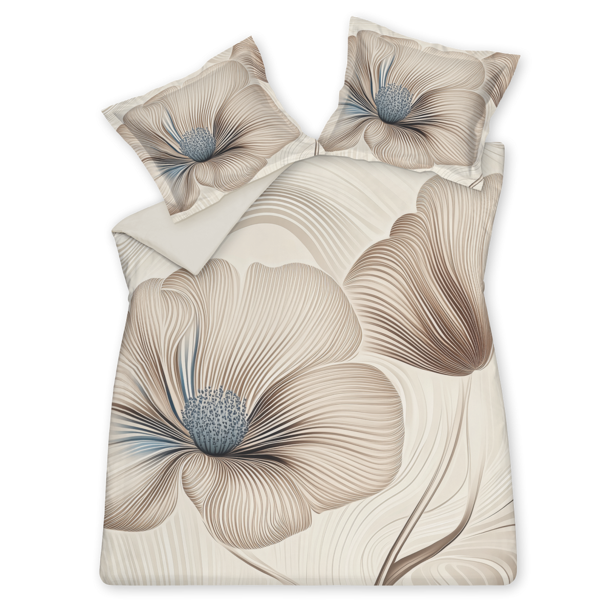 Royal Garden cream tan dekbedovertrek heeft enorme bloemen waarvan de bladeren gevormd zijn door lijnen en het hart van de bloem door blauwe stippen op een licht beige achtergrond met golvende lijnen.