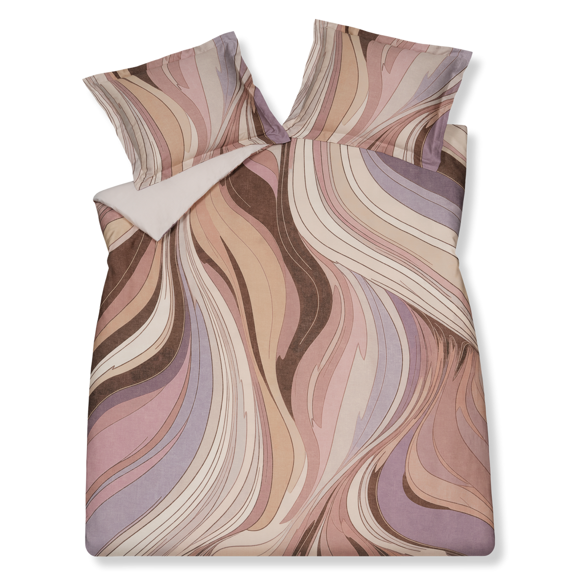 Swirls moonscape dekbedovertrek heeft een abstracte versie van een marmerpatroon met paars, roze en bruine tinten. De achterkant van het dekbedovertrek is effen offwhite. De kussens hebben aan beide zijden hetzelfde patroon. 