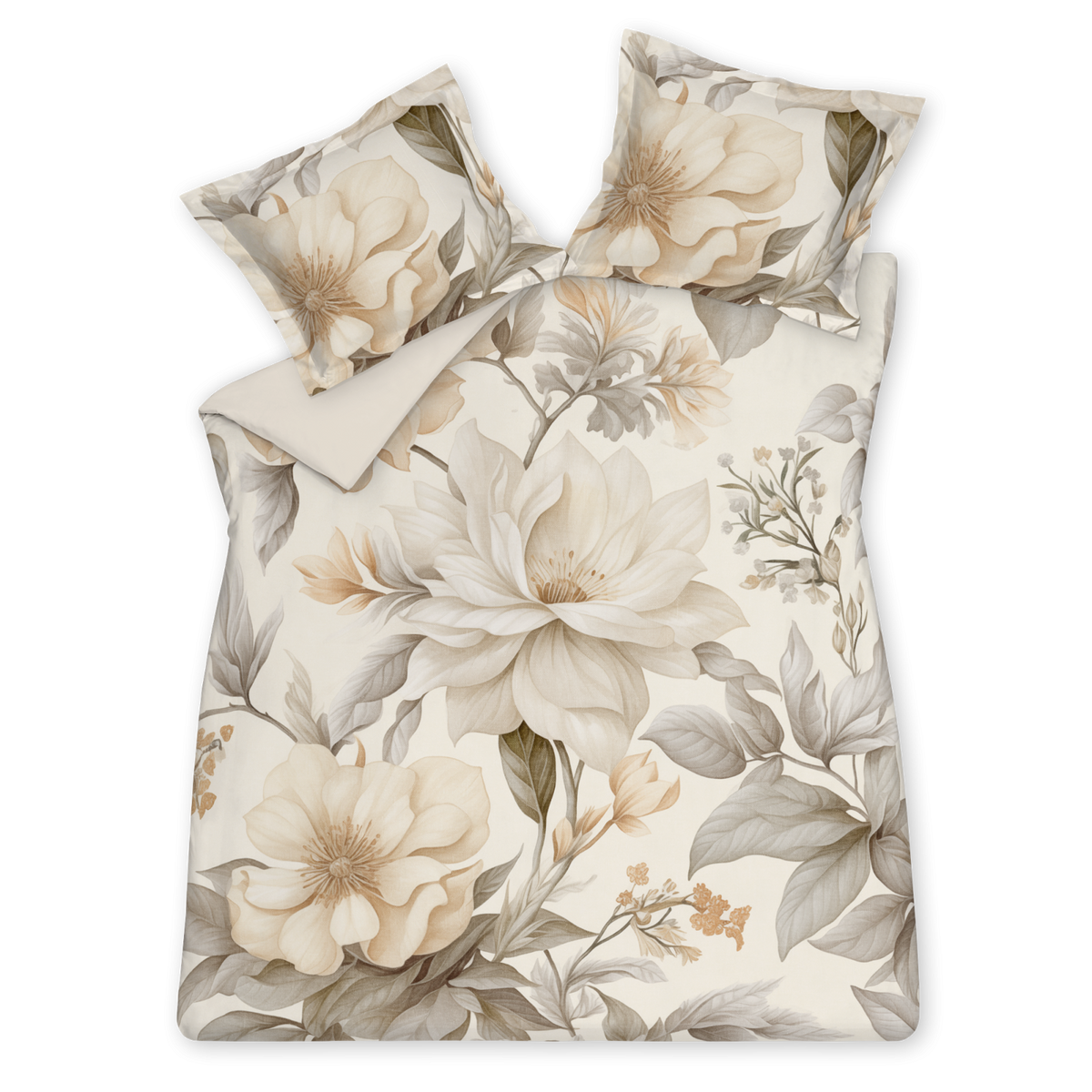Whisper cream tan dekbedovertrek heeft imposante bloemen op een off white achtergrond. De achterkant van het dekbedovertrek is effen beige. De kussens hebben aan beide zijden aan de linkerkant een grote bloem.