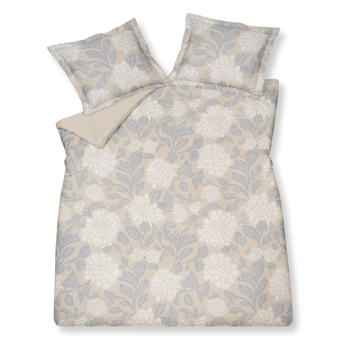 Fresh Linen linen dekbedovertrek heeft bloemen en bladeren die op abstracte wijze getekend zijn met vlakken, lijnen en stippen in wit en blauw op een beige achtergrond