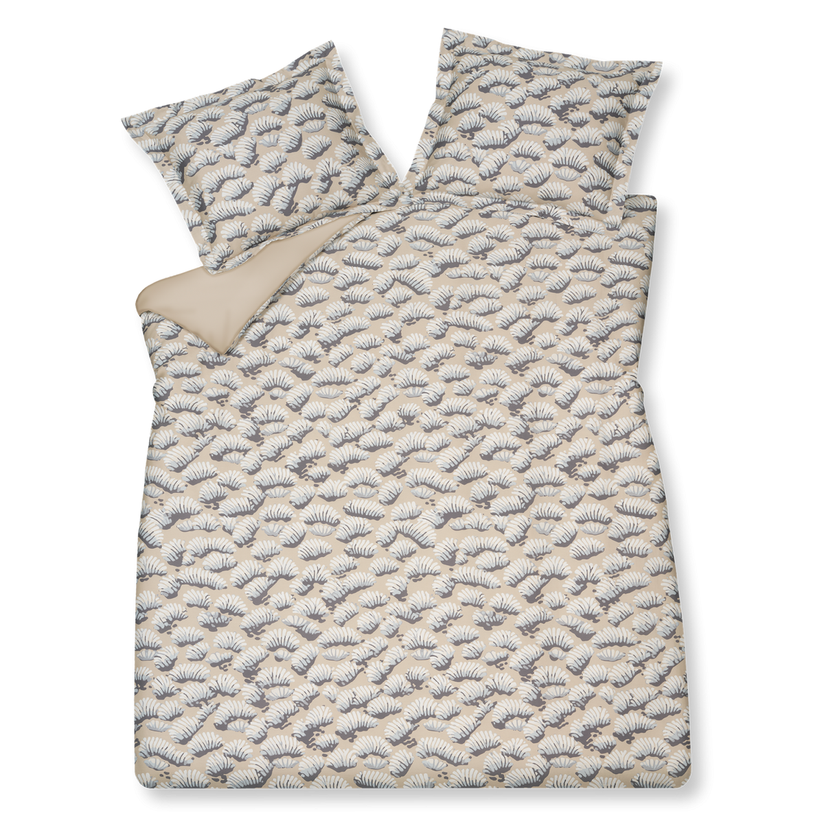 Wake Up linen dekbedovertrek lijkt witte schelpen te hebben met een grijze schaduw op een beige achtergrond