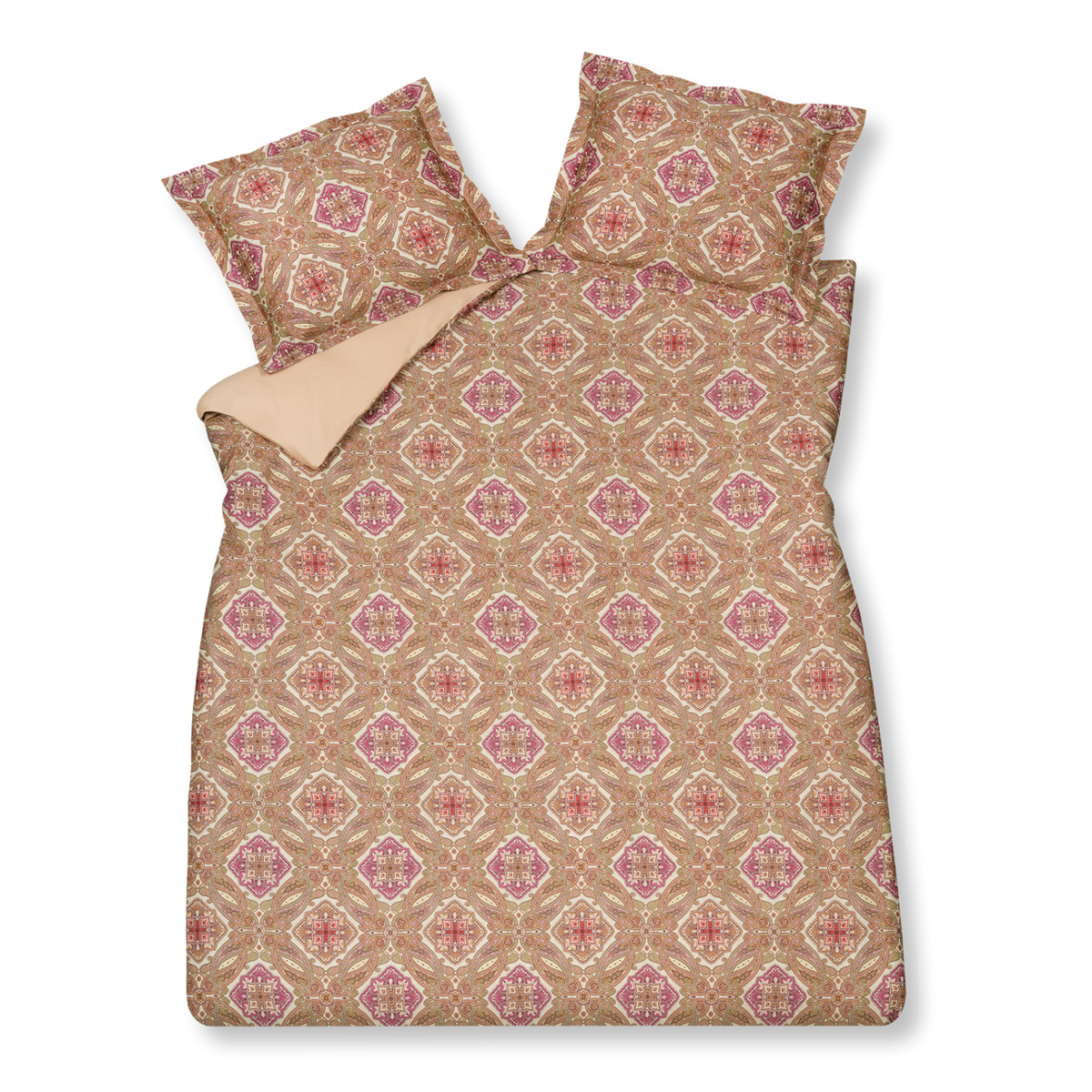 Charm apricot blush dekbedovertrek heeft een verfijnd paisley patroon met ruiten waarin verschillende tinten oranje, roze, groen en rood verwerkt zijn