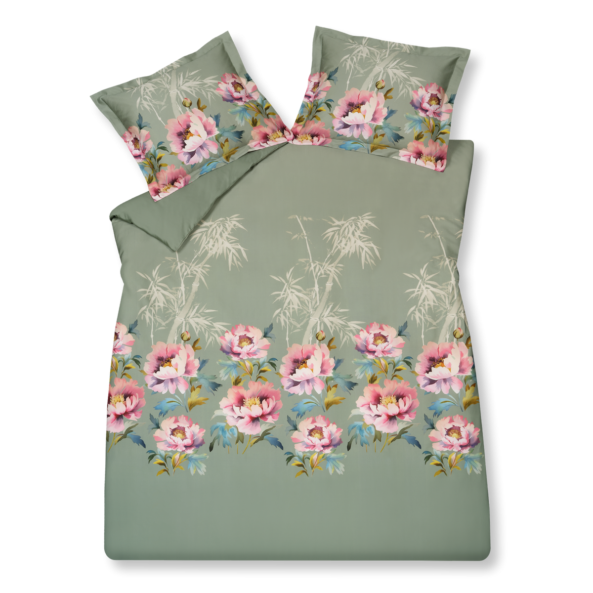 Pink Peony multi dekbedovertrek heeft grote roze blomen met groene en blauwe blaadjes op een groene achter met beige bamboetakken
