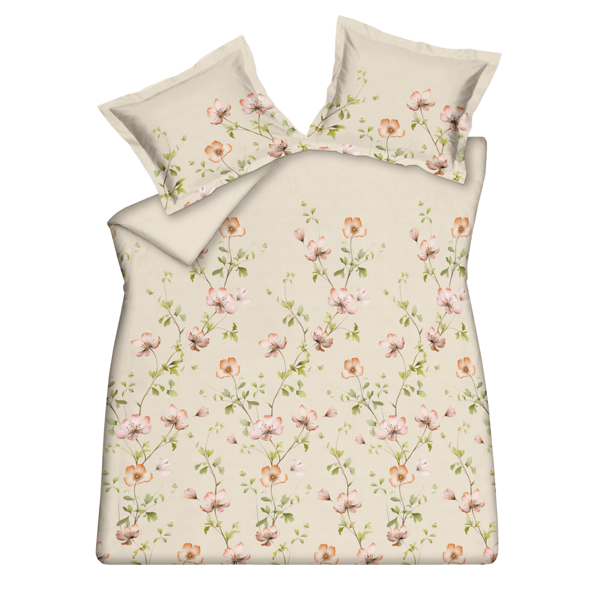 Blossom Breeze cream tan dekbedovertrek heeft roze en oranje bloemen aan takjes met groene blaadjes op een effen beige achtergrond. De achterkant van het dekbedovertrek is effen beige. De kussens hebben aan de onderkant een aantal bloemen. Blossom Breeze cream tan dekbedovertrek van Vandyck geeft je slaapkamer een knusse landelijke sfeer.