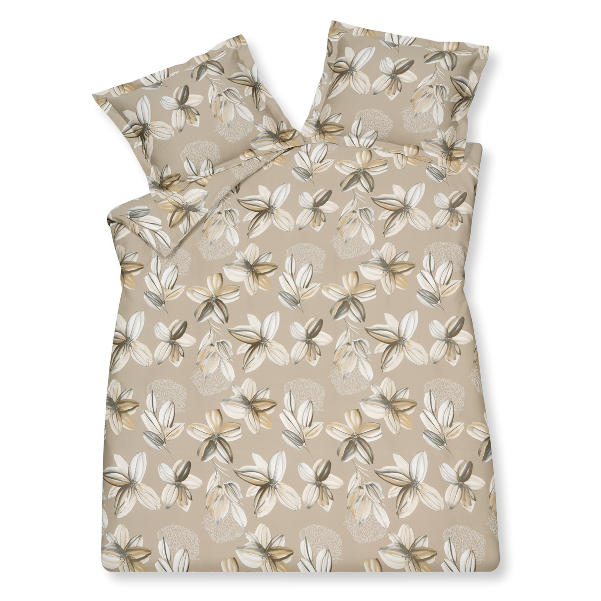 Flower Party de naam zegt het gelijk al, een feestje van bloemen op je bed! Dit dekbedovertrek set heeft aquarel geschilderde bloemen en organische vormen in mooie zachte nude en beige tinten. De print siert zowel de voor- als achterzijde.